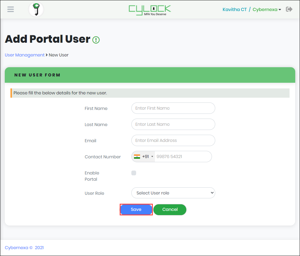 Add Portal User form - CyLock